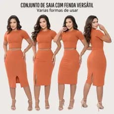 Conjunto Feminino Saia e Blusa Cropped Malha Canelada Premium Super Macia Saia Versátil