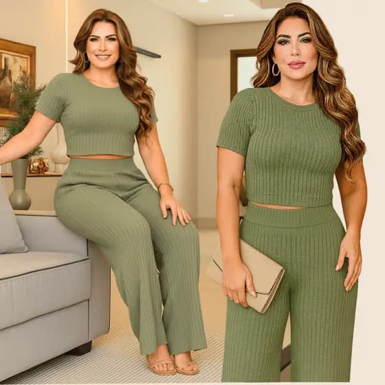 Conjunto Feminino Calça Pantalona e Cropped Manga Curta - Malha Canelada Premium Toque de algodão