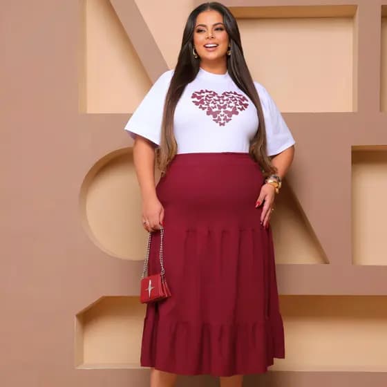 Conjunto Plus Size Saia Três Marias e Blusa Coração - Elegante - Conjunto Saia e blusa Moda modesta