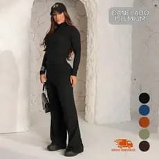 Conjunto Feminino Inverno Calça Pantalona e Blusa Manga Longa Cacharrel Moda 2026 Elegante Conjunto Frio manga Longa