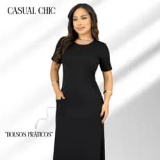 Vestido Midi  Malha Premium Bolsos Tendência - Conforto e Elegância Casual Chic- Moda Evangélica