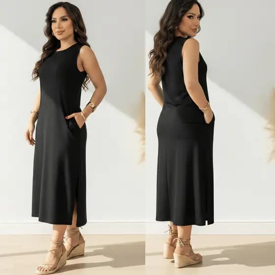 Vestido Midi Feminino  Regata Algodão Com Bolso Fenda Lateral  Elegante  Confortável   GG Plus 48/50