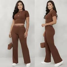 Conjunto Feminino Canelado  Cropped + Calça Pantalona Moda 2026 Elegante Confortável Veste P ao GG