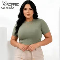 Blusa Cropped Feminina Canelado Premium Manga Curta  Caimento  Perfeito Modela o Corpo Básica Casual