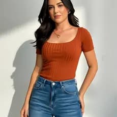 Blusa Feminina Canelada Manga Curta Gola Quadrada Casual Elegante Tendencia