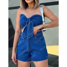 maisbonitomoda 001 conjunto jeans feminina blusa com short   p38 m40 g42