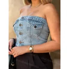maisbonitomoda 8144 cropped jeans feminina cropped top sem manga