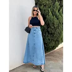 maisbonitamoda 1015 saia longa jeans feminina com bolsa sem rascada