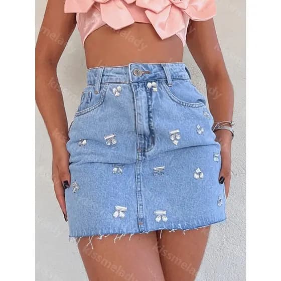 maisbonitomoda 171 saia Jeans feminino alça poliamida saia casual com bolso com brilho 171