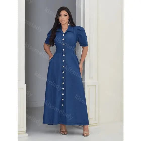 maisbonitomoda 928 vestido jeans feminina longa manga bufante 928