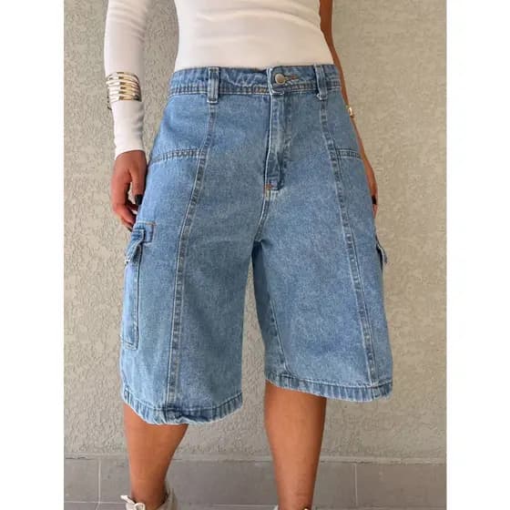 Maisbonitomoda 8205 8206 8298 8472 8473 8498 8501 8502 Bermuda Jeans Feminina com Bolsos Laterais Carga Básica
