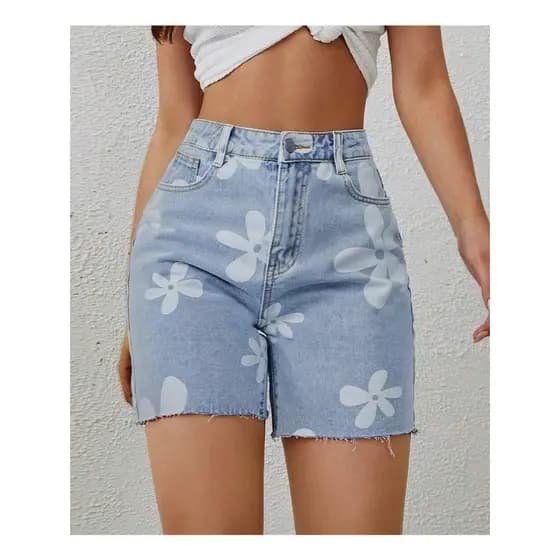 Maisbonito 8414 Botão Bolso Raw Hem Zíper Floral Short Jeans 8414
