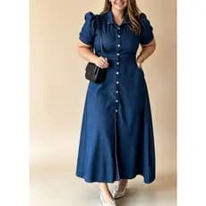 Maisbonito 928 plus size vestido jeans feminina longa manga bufante 928 plus size
