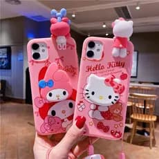 Adequado para iphone 11/12/13/14/15/16 Pro max Cartoon Hello Kitty Melody Silicone Conjunto completo de suporte cordão c