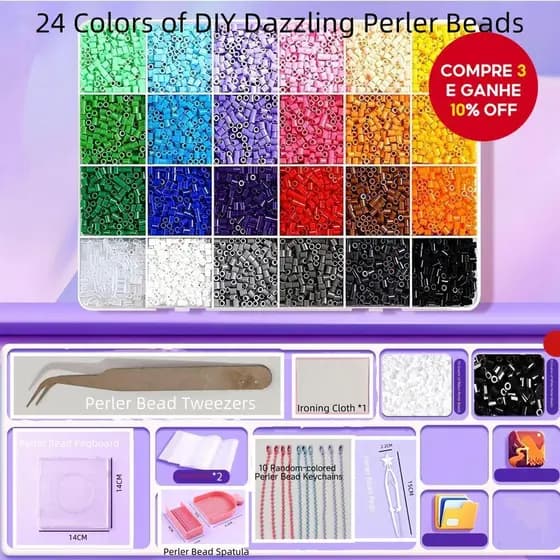 Kit Pixel Art DIY Perler Beads 24 Cores 8400 Peças | Com Chaveiros e Ferramentas | Brinquedo Aniversário Infantil