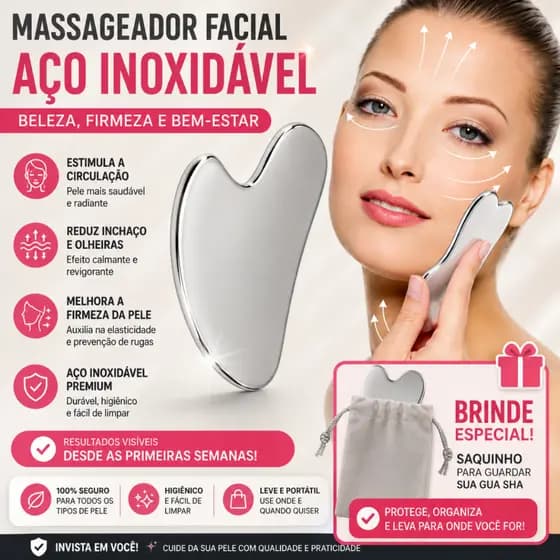 Gua Sha Aço Inox – Pedra Facial Prevenção de Rugas-Massagem Facial Anti-Idade e Relaxante