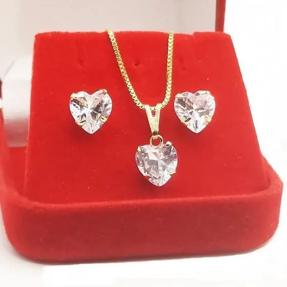 Colar + Brinco Coração Ponto De Luz 50 Cm Banhado A Dourado 18k kit Colar Feminino Folheado  a Prata 004