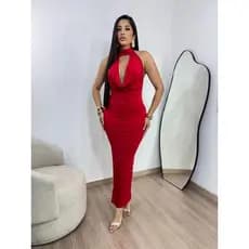 VESTIDO LONGO ELEGANTE FEMENINO DECOTE V PROFUNDO NO TECIDO SUPLEX ROMANTIK