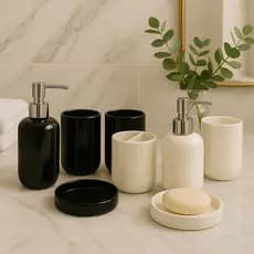 Kit Jogo de Banheiro Lavabo Porcelana 4 Pçs Decoração Dispenser  Sabonete Líquido Porta Escova Dente