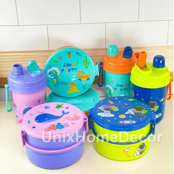 Kit Marmita Infantil Dupla e Garrafa Pote com divisória Portátil Multiuso Lancheiras Adesivos Escola