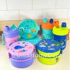 Kit Marmita Infantil Dupla e Garrafa Pote com divisória Portátil Multiuso Lancheiras Adesivos Escola