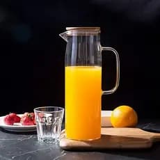 Jarra de Vidro Borossilicato Serve Suco ou Água Tampa Hermética Bambu Luxo Casa Cozinha Mesa Posta