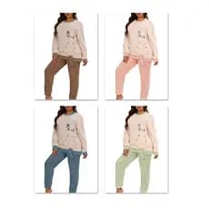Pijama Feminino Inverno Quente Peluciado Estampa Gato Fofo Conjunto Completo Macio Confortável Para Noites Frias