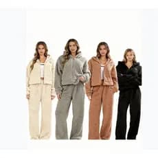 Conjunto Feminino Peluciado Inverno Jaqueta Com Zíper E Calça Macio Confortável Para Uso Diário E Casa