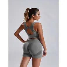 S905 Conjunto Academia Feminino Levanta Bumbum Short e Top Com Bojo Moda Fitness Sem Costura