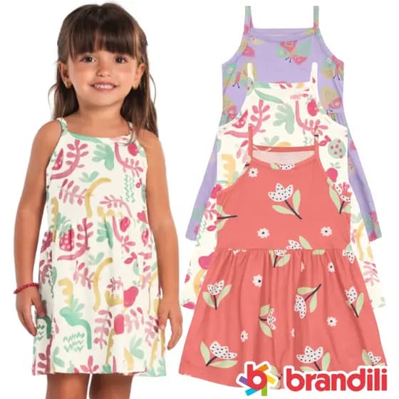 Vestido Infantil Menina Alcinha 100% Algodão Fresquinho Verão Tamanho 1 ao 10 Kit 2 ou 3 Vestidos Brandili