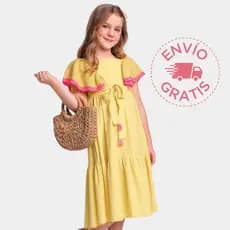Vestido Infantil Feminino Fakini Amarelo com Babado e Detalhe em Tricô