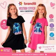 Vestido Infantil Menina Brandili Disney Stitch Meia Malha com Strass Brilho e Conforto