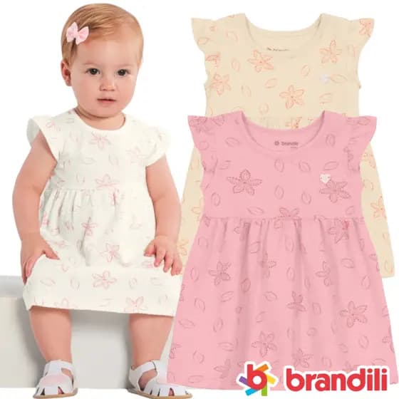 Vestido Bebê Menina Verão Algodão Brandili Original manga curta Fresquinho Cotton Estampado Floral - Tamanho 1 - 2 - 3