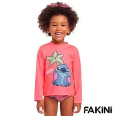 Conjunto Praia Infantil Stitch Menina Manga Longa Proteção UV50+ Biquíni Infantil Conjunto Banho Stitch Blusa Térmica