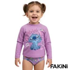 Conjunto Praia Infantil Stitch Menina Manga Longa Proteção UV50+ Biquíni Infantil Conjunto Banho Stitch Blusa Térmica