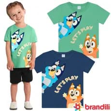 Camiseta Infantil Menino Estampa Bluey Puff Relevo Manga Curta 100% Algodão Confortável e Macio cor Azul/Verde Premium