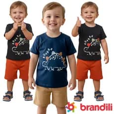 Conjunto infantil menino Verão Camiseta Manga Curta estampa de Dinossauro Interativo tamanho 1-2-3 Brandili