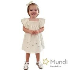 Vestido Infantil Menina Mundi Malha Anarruga Bordado Lacinho Festa Casual Off White Com Babado Luxo Original