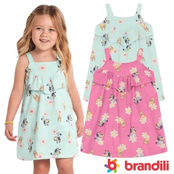Vestido Infantil Menina Bluey 100% Algodão Personagem Oficial Roupa Menina Confortável Algodão Brandili