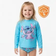Conjunto Praia Infantil Stitch Menina Manga Longa Proteção UV50+ Biquíni Infantil Conjunto Banho Stitch Blusa Térmica