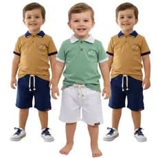 Conjunto Menino Infantil Gola Polo e Bermuda em Sarja