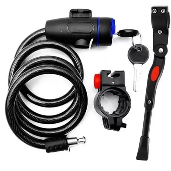 Trava Cabo De Aço Cadeado Segurança Bike Moto Espiral Anti-Roubo + Descanso Pezinho Para Bike Lateral -BUSCABUSCABR