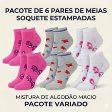 Kit 6/12 Pares de Meia Soquete Estampada Feminina Cano Curto Confortavel 35-40
