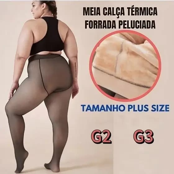 Meia-Calça Térmica Plus Size G2/G3 Forrada Peluciada Translúcida Feminina Super Elástica Slim