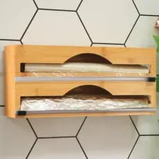 Porta Rolos Duplo Organizador de Cozinha de Bambu Cortador de Papel Alumínio Manteiga e Filme