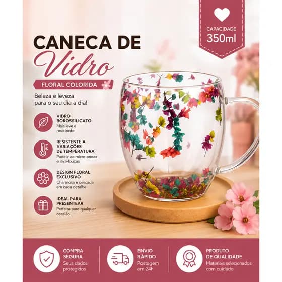 Xicara Parede Dupla Caneca Flor Artificial 350ml Pires Bambu Cafeteria cafe cha Capuccino Sobremesa