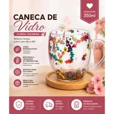 Xicara Parede Dupla Caneca Flor Artificial 350ml Pires Bambu Cafeteria cafe cha Capuccino Sobremesa