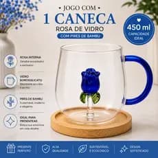 Caneca Xicara 3d Presente Vidro Soprado Artesanal Pires Bambu Borossilicato cafe cha Sucos 450 ml