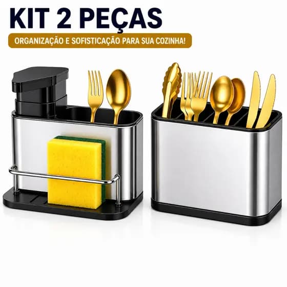 Kit Porta Talheres + Porta Detergente Inox 3 em 1 Organizador de Pia Moderno Escorredor Cozinha