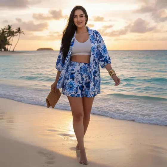 Conjunto femenino Kimono Floral  – Saída de Praia ou Look Casual Chic
